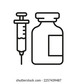 Jeringa médica e ícono de la línea del frasco de vidrio. Dosis de insulina en el pictograma del vial. Inyección De Medicina, Inyección De Un Icono De Esquema Del Tratamiento. Símbolo de vacunación antigripal. Stroke editable. Ilustración de vectores aislados.