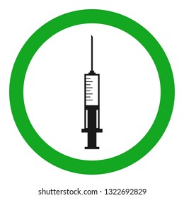 Medical syringe in green circle. Vector icon.