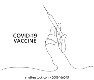 Medical syringe in a hand continuous line drawing on white isolated background. Vector illustration