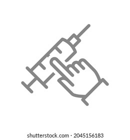 Medical syringe and hand line icon. Vaccination, hand direction, immunization symbol