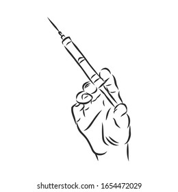 medical syringe in hand, vector sketch illustration 