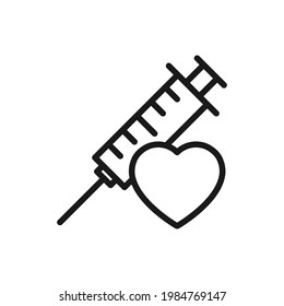 Medical syringe with heart line icon. Injection outline pictogram. First aid concept. Vaccination symbol. Vector isolated on white