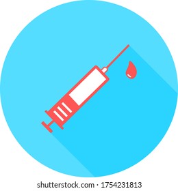 Medical syringe, hypodermic needle, Inject needle concept of vaccination, injection in circle icon with long shadows. Vector illustration. Drug dose concept. Symbol web site design, logo, app, UI.