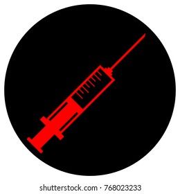 Medical syringe icon in black circle. Vector.