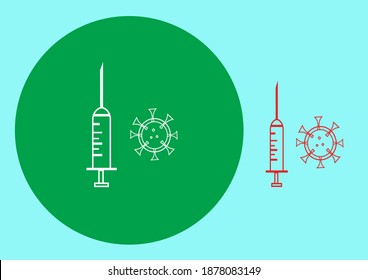 medical syringe and Icon coronavirus. Search for vaccines and treatments. Option in a circle and without it. Vector isolated illustration