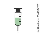 Medical syringe icon. The syringe is filled with a vaccine solution. Vector Illustration of medical syringe with needle. Injection syringe vaccine medical icon vector illustration design