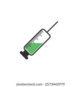 Medical syringe icon. The syringe is filled with a vaccine solution. Vector Illustration of medical syringe with needle. Injection syringe vaccine medical icon vector illustration design