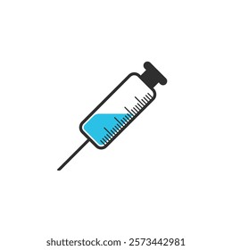 Medical syringe icon. The syringe is filled with a vaccine solution. Vector Illustration of medical syringe with needle. Injection syringe vaccine medical icon vector illustration design