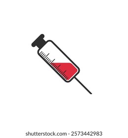 Medical syringe icon. The syringe is filled with a vaccine solution. Vector Illustration of medical syringe with needle. Injection syringe vaccine medical icon vector illustration design