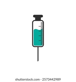 Medical syringe icon. The syringe is filled with a vaccine solution. Vector Illustration of medical syringe with needle. Injection syringe vaccine medical icon vector illustration design