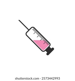 Medical syringe icon. The syringe is filled with a vaccine solution. Vector Illustration of medical syringe with needle. Injection syringe vaccine medical icon vector illustration design