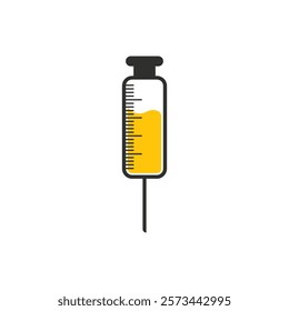 Medical syringe icon. The syringe is filled with a vaccine solution. Vector Illustration of medical syringe with needle. Injection syringe vaccine medical icon vector illustration design