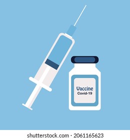 Medical syringe icon with needle and bottle in flat style, vaccination concept, injection isolated vector illustration