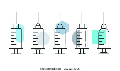 Medical syringe icon set. Collection of line style injection tools for healthcare, vaccination, treatment, and hospital services. Perfect for medical and pharmaceutical designs