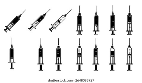 Ícones de seringa médica em estilo monocromático para cuidados de saúde, vacinação e clínicas