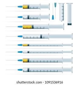 Medical syringe illustrations set.
Realistic syringe collection isolated on white background.
Syringes for medical drug injection, vaccine for care and treatment. 
