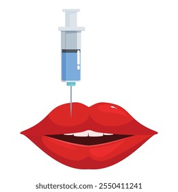 Medical syringe injecting filler into plump red lips, enhancing volume and shape through cosmetic procedure