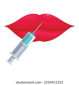 Medical syringe injecting filler into plump red lips, enhancing beauty through cosmetic procedures