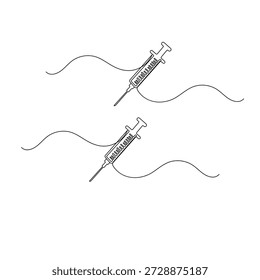 Inyección de jeringuilla médica continua de una línea que dibuja la Ilustración vectorial de contorno minimalista

