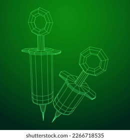 Medical syringe for injection, Laboratory medicine concept. Wireframe low poly mesh vector illustration.