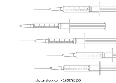 Medical syringe, injection needle in line art style illustration.