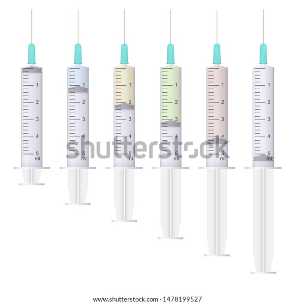 注射とワクチン接種のための医療用注射器 白い背景にベクターイラスト 針と液体の溶液を使った リアルな透明な医療用具 予防接種のコンセプト のベクター画像素材 ロイヤリティフリー