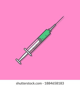 Medical Syringe Injection Vector Icon Illustration. Syringe For Medical, Vaccine For Care And Treatment Flat Icon