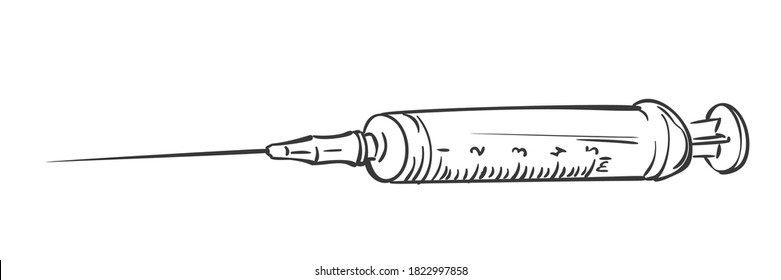 Medical syringe isolated vector drawing on white background. Hand drawn illustration