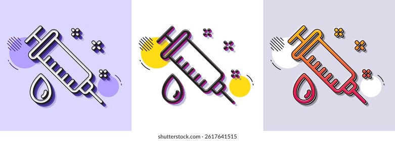Medical syringe line icon. Halftone dotted pattern. Gradient icon with grain shadow. Medicine vaccine sign. Pharmacy medication symbol. Line medical syringe icon. Various designs. Vector