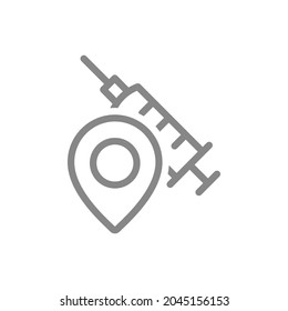 Medical syringe with location line icon. Injection navigation, population vaccination center, worldwide immunity symbol