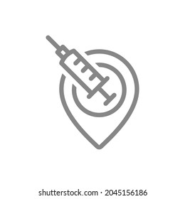 Medical syringe with location line icon. Injection, population vaccination center, vaccination information, worldwide immunity symbol