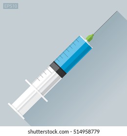 Medical syringe with medicine on gray background. Vector design element