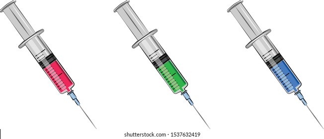 Medical syringe with multi-colored liquid. Medical syringe.  Vector illustration. Flat style