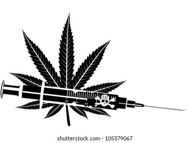 Medical syringe with narcotic substance. Black and white illustration.