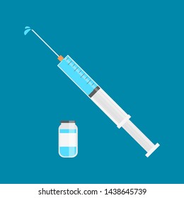 medical syringe with needle contains blue liquid medicine inside and vial of medicine for injection; health care and medication service concept. vector illustration