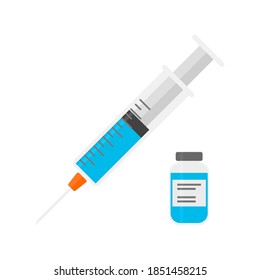 medical syringe with needle contains blue liquid medicine inside and vial of medicine for injection isolated on white background. health care and medication service concept. vector illustration