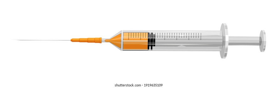 Medical syringe with needle. Syringe is filled with a solution of vaccine against coronavirus. Concept of vaccination, injection. Vector illustration isolated on white background. 