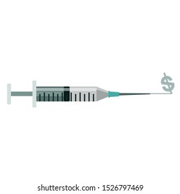 Medical Syringe needle injector application device with vile & plunger squirting a dollar sign	