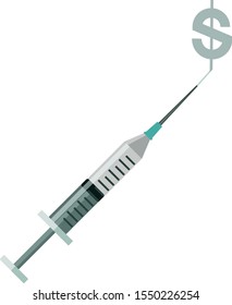 Medical Syringe needle injector application device with vile & plunger squirting a dollar sign	