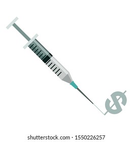 Medical Syringe needle injector application device with vile & plunger squirting a dollar sign	