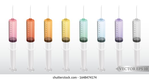 Medical syringe with a needle, medicine, saline and vitamins inside for good health and beauty skin. Vector illustration on white background.