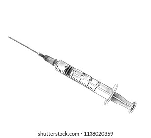 medical syringe with needle, sketch vector graphics monochrome illustration on white background