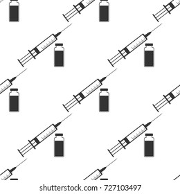 Medical syringe with needle and vial, concept of vaccination, injection icon seamless pattern on white background. Flat design. Vector Illustration