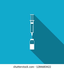 Medical syringe with needle and vial icon isolated with long shadow. Concept of vaccination, injection. Flat design. Vector Illustration