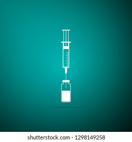 Medical syringe with needle and vial icon isolated on green background. Concept of vaccination, injection. Flat design. Vector Illustration