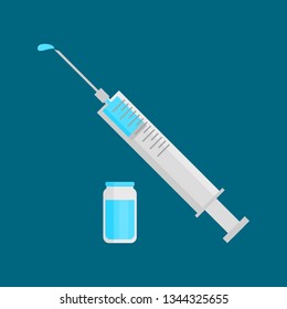 medical syringe with needle and vial of medicine on dark blue background ; medication and health care concept. vector illustration