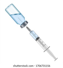 Medical syringe with the needle in the vial serum against Covid-19. Injection, vaccine and disposable syringe. Sterile vial. Glass medical ampoule vial for injection. Bottles ampule with aluminum cap.