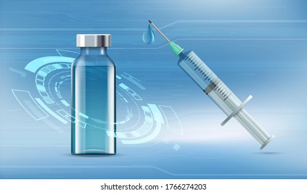 Medical syringe with a needle and a vial with an vaccine or insulin. Vaccination and inoculation. Vector illustration