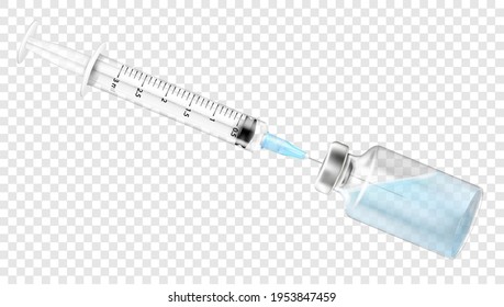 Medical syringe with a needle in a vial with a vaccine for hypodermic injection, with anti-Covid-19 serum. Injections, vaccine and disposable syringe. Sterile ampoule vials with aluminum cap.