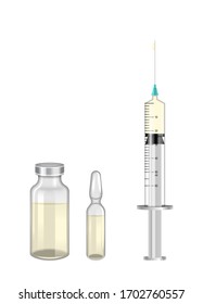 Medical Syringe with Needle and Vials, Ampoules. Vaccination, Vaccine, Injection. Isolated